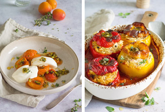 Rezepte: Gefüllte griechische Peperoni und Gebackene Aprikosen mit Thymian und Pistazien Rezepte