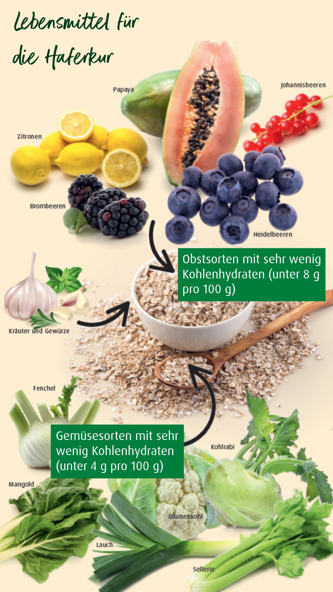 Übersicht über Lebensmittel für die Haferkur