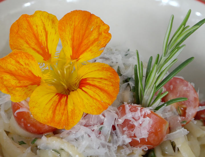 Pasta mit Blüte und Rosmarinzweig
