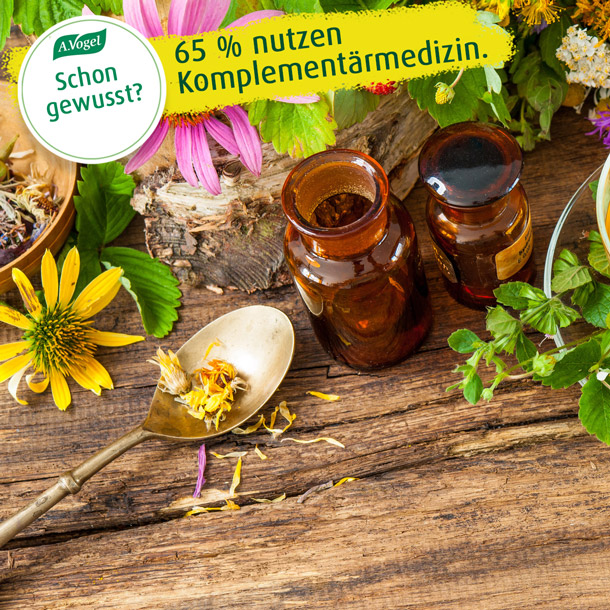 65 Prozent der Schweizer nutzen Komplementärmedizin verschiedene Pflanzen und Flaschen auf Tisch
