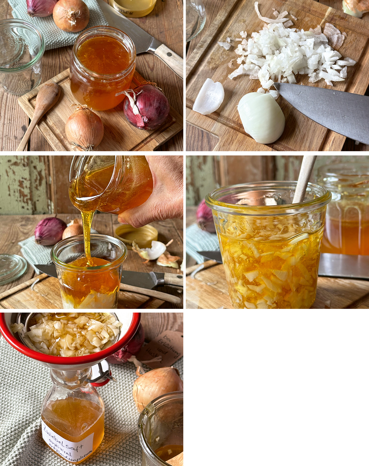 Instructions étape par étape jus d'oignon pour un mal de gorge (Photos : K Lipinski) Vous pouvez voir 5 images qui montrent la préparation étape par étape du jus d'oignon expliquée dans le texte.