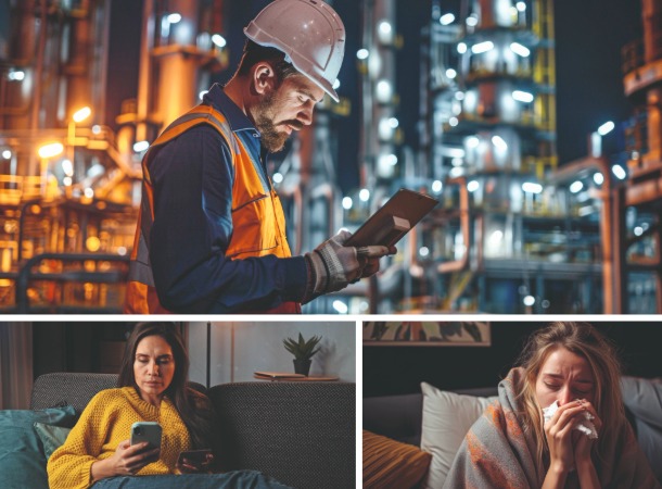 Zu viel Bidschirmzeit am Abend und Schichtarbeit können zu Schlafproblemen führen. (Foto: Collage, 123RF/aberrantrealities, fangfoto, kinomasterskaya) Schichtarbeiter, Frau am Handys und erkältete Frau