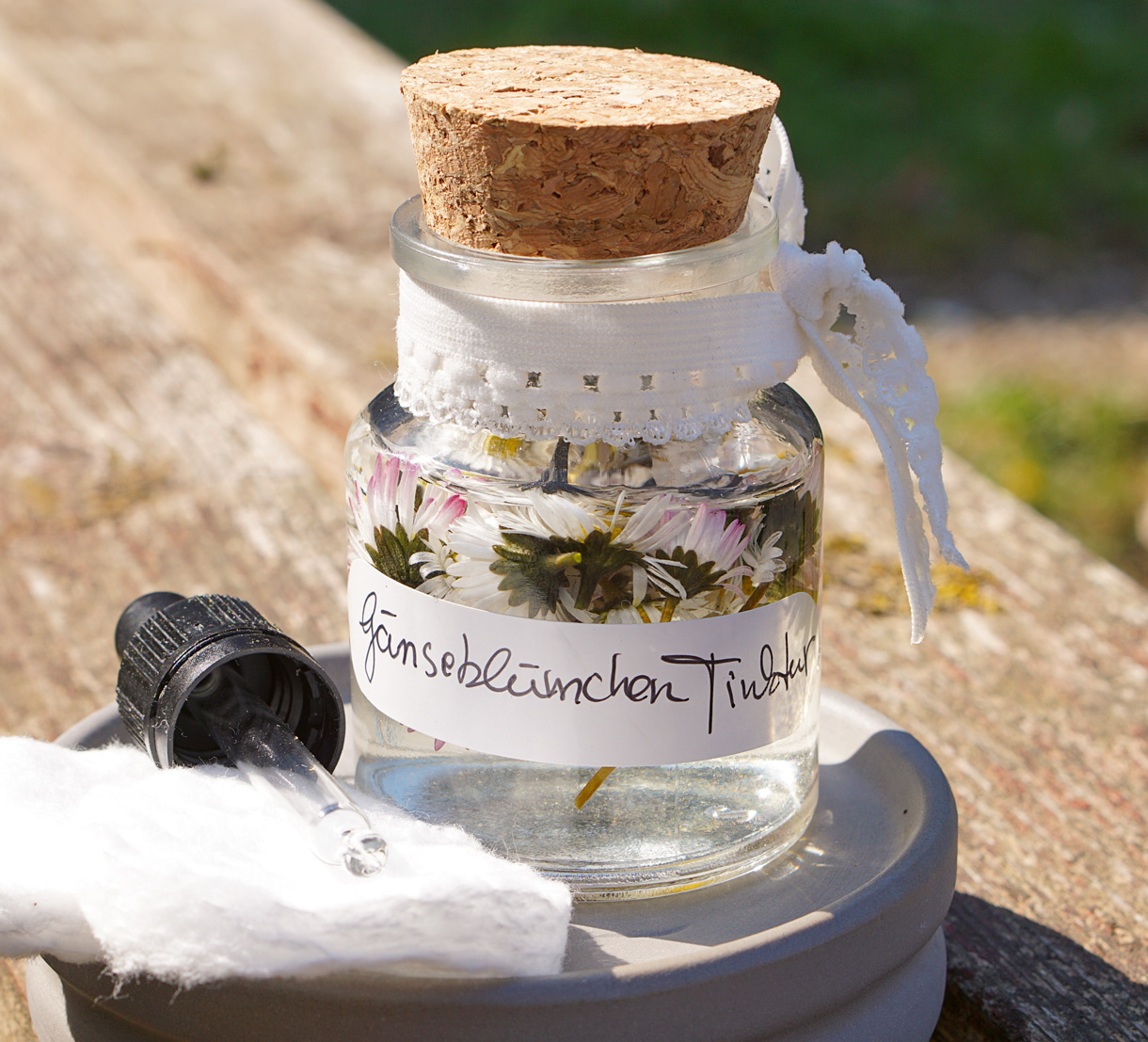 Gänseblümchen-Tinktur (Foto: KvLipinski) Ein Glas eingelegte Gänseblümchen stehen dekorativ auf einem Holztisch. Links daneben liegt Pipette auf einem Wattepad. Die Sonne scheint, das Foto wurde draussen aufgenommen.